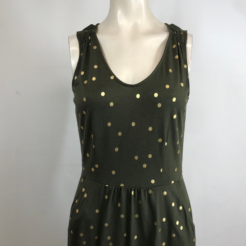 Boden Olive Green Gold Polka Dot Sleeveless V Neck Dress Size 4 - Picture 2 of 8